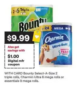 CVS Bounty Select-A-Size 2 triple rolls, Charmin Ultra 6 mega rolls or essentials 9 mega rolls offer
