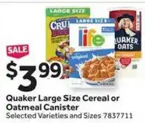 Stop&Shop Quaker Large Size Cereal or Oatmeal Canister offer