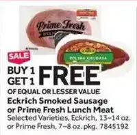 Stop&Shop Eckrich Smoked Sausage or Prime Fresh Lunch Meat offer