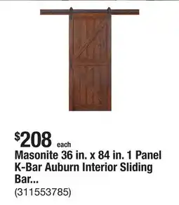 The Home Depot Masonite 36 in. x 84 in. 1 Panel K-Bar Auburn Interior Sliding Barn Door Slab with Hardware Kit offer