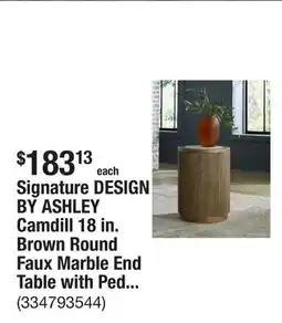 The Home Depot Signature DESIGN BY ASHLEY Camdill 18 in. Brown Round Faux Marble End Table with Pedestal Base offer