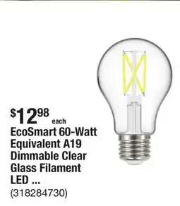 The Home Depot EcoSmart 60-Watt Equivalent A19 Dimmable Clear Glass Filament LED Light Bulb Soft White (4-Pack) offer