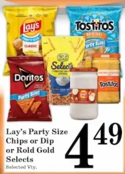 Harvest Foods Lay's Party Size Chips or Dip or Rold Gold Selects offer