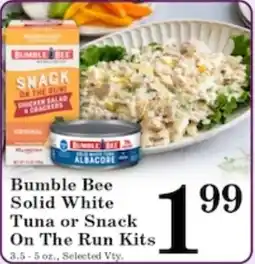 Harvest Foods Bumble Bee Solid White Tuna or Snack On The Run Kits offer