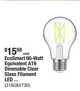 The Home Depot EcoSmart 60-Watt Equivalent A19 Dimmable Clear Glass Filament LED Light Bulb Soft White (4-Pack) offer