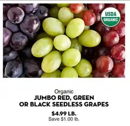 Bristol Farms Organic JUMBO RED, GREEN OR BLACK SEEDLESS GRAPES offer