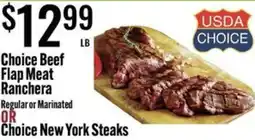 Jons International Choice Beef Flap Meat Ranchera or Choice New York Steaks offer