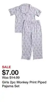 TJ Maxx Girls 2pc Monkey Print Piped Pajama Set offer