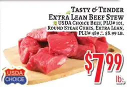 Trade Fair Supermarket USDA CHOICE BEEF, PLU# 101, ROUND STEAK CUBES, EXTRA LEAN, PLU# 489 offer
