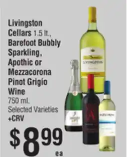 Smart & Final Livingston Cellars 1.5 lt., Barefoot Bubbly Sparkling, Apothic or Mezzacorona Pinot Grigio Wine offer
