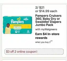 Walgreens Pampers Cruisers 360, Baby Dry or Swaddler Diapers Jumbo Pack offer