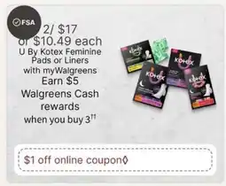 Walgreens U by Kotex Feminine Pads or Liners offer