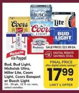 Safeway Bud, Bud Light, Michelob Ultra, Miller Lite, Coors Light, Coors Banquet or Busch Light offer