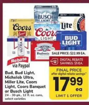Safeway Bud, Bud Light, Michelob Ultra, Miller Lite, Coors Light, Coors Banquet or Busch Light offer
