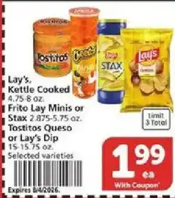 Vons Lay's Kettle Cooked, Frito Lay Minis or Stax or Lay's Dip offer