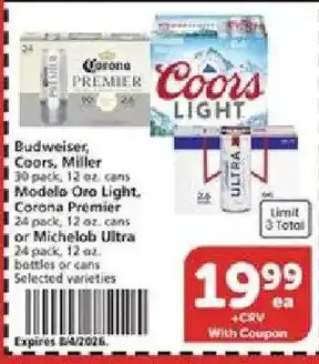 Vons Budweiser, Coors, Miller, Modelo Oro Light, Corona Premier or Michelob Ultra offer