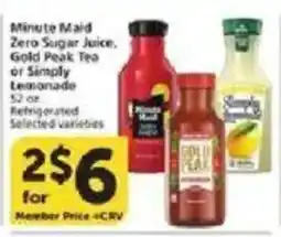 Vons Minute Maid Zero Sugar Juice, Gold Peak Tea or Simply Lemonade offer