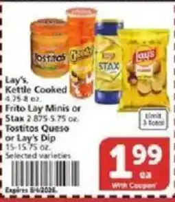 Vons Lay's Kettle Cooked, Frito Lay Minis or Stax, Tostitos Queso or Lay's Dip offer