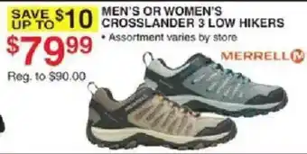 Dunham's Sports Merrell men's or women's crosslander 3 low hikers offer