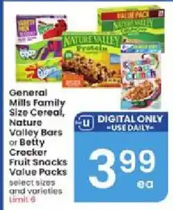 Albertsons General Mills Family Size Cereal, Nature Valley Bars or Betty Crocker Fruit Snacks Value Packs offer