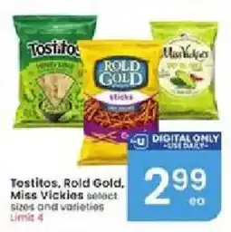 Albertsons Tostitos, Rold Gold, Miss Vickies select sizes and varieties offer