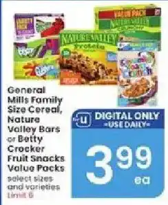 Albertsons General Mills Family Size Cereal, Nature Valley Bars or Betty Crocker Fruit Snacks Value Packs offer