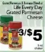 Fine Fare Grated Parmesan & Romano Blend or Life Every Day Grated Parmesan Cheese offer