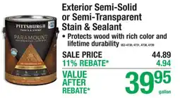 Menards Pittsburgh Paramount exterior semi-solid or semi-transparent stain & sealant offer
