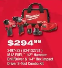 Fastenal Milwaukee M12 FUEL 1/2" Hammer Drill/Driver & 1/4" Hex Impact Driver 2-Tool Combo Kit offer