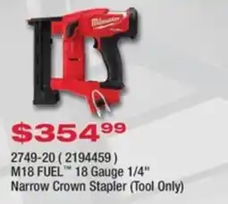 Fastenal Milwaukee M18 FUEL 18 Gauge 1/4" Narrow Crown Stapler offer