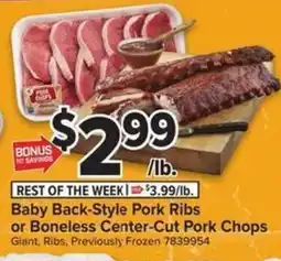 Giant Food Baby Back-Style Pork Ribs or Boneless Center-Cut Pork Chops offer