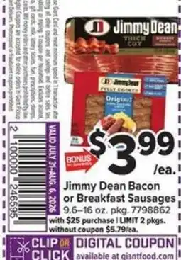 Giant Food Jimmy Dean Bacon or Breakfast Sausages offer