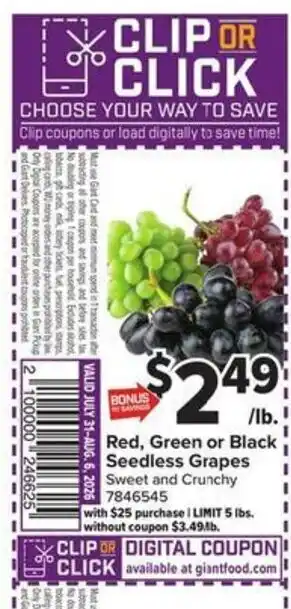 Giant Food Red, Green or Black Seedless Grapes offer