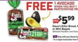 Giant Food Dave's Killer Bread, Flat or Mini Bagels offer