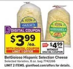 Giant Food BelGioioso Hispanic Selection Cheese offer