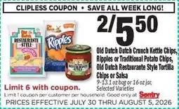Sentry Old Dutch Crunch Kettle Chips, Ripples or Traditional Potato Chips, Old Dutch Restaurante Style Tortilla Chips or Salsa offer