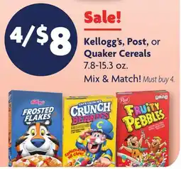 Family Dollar Kellogg's, Post, or Quaker Cereals offer
