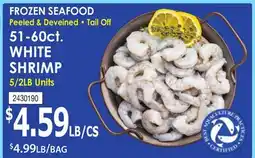 Restaurant Depot FROZEN SEAFOOD Peeled & Deveined • Tail Off 51-60ct. WHITE SHRIMP offer