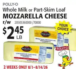 Restaurant Depot POLLY-O Whole Milk or Part-Skim Loaf MOZZARELLA CHEESE offer