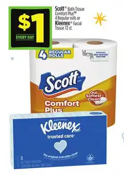 Dollar General Scott Bath Tissue Comfort Plus 4 Regular Rolls or Kleenex Facial Tissue 72 ct offer
