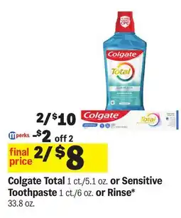 Meijer Colgate Total 1 ct./5.1 oz. or Sensitive Toothpaste 1 ct./6 oz. or Rinse offer