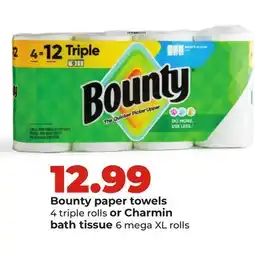 Hy-Vee BOUNTY paper towels 4 triple rolls or Charmin bath tissue 6 mega XL rolls offer