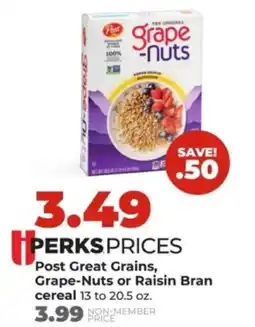 Hy-Vee Post Great Grains, Grape-Nuts or Raisin Bran cereal offer
