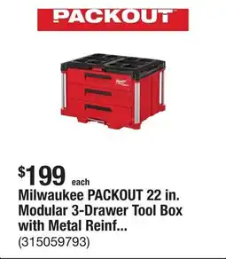 The Home Depot Milwaukee PACKOUT 22 in. Modular 3-Drawer Tool Box with Metal Reinforced Corners offer