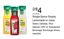 Walgreens Single-Serve Simply Lemonade or Juice offer