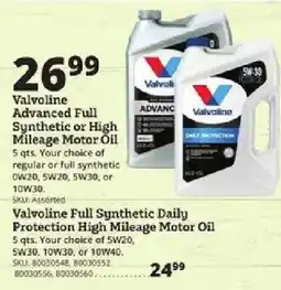 Rural King Valvoline advanced full synthetic or high mileage motor oil offer