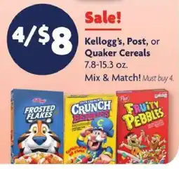 Family Dollar Kellogg's, Post, or Quaker Cereals offer