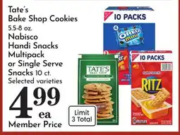 Pavilions Tate's Bake Shop Cookies 5.5-8 oz. Nabisco Handi Snacks Multipack or Single Serve Snacks 10 ct offer