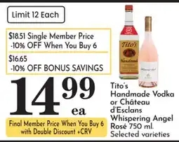 Pavilions Tito's Handmade Vodka or Château d'Esclans Whispering Angel Rosé offer