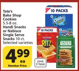 Vons Tate's Bake Shop Cookies 5.5-8 oz. Handi Snacks or Nabisco Single Serve Snacks 10 ct offer